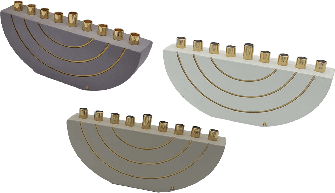 חנוכייה מיוחדת בטון מעוגלת קשת שלל צבעים קשתות זהב